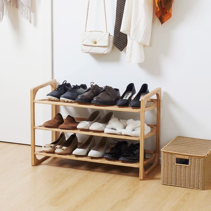 Homcom 3-tier Shoe Rack, Bamboo Shoe Storage Organizer With Slatted Shelves, Free Standing Shoe Shelf Stand For 9 Pairs Of Shoes Natural