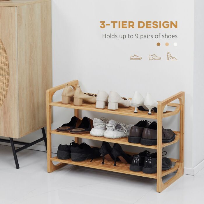 Homcom 3-tier Shoe Rack, Bamboo Shoe Storage Organizer With Slatted Shelves, Free Standing Shoe Shelf Stand For 9 Pairs Of Shoes Natural