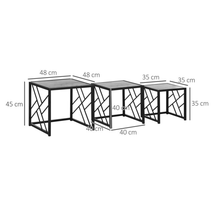 Homcom Set Of 3 Nest Of Tables, Square Side Tables With Black Metal Frame, Bedroom And Office, Grey