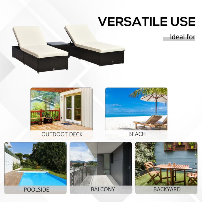 Outsunny 3pc Rattan Sun Lounger Garden Outdoor Wicker Recliner Bed Side Table Set Patio Furniture Dark Coffee