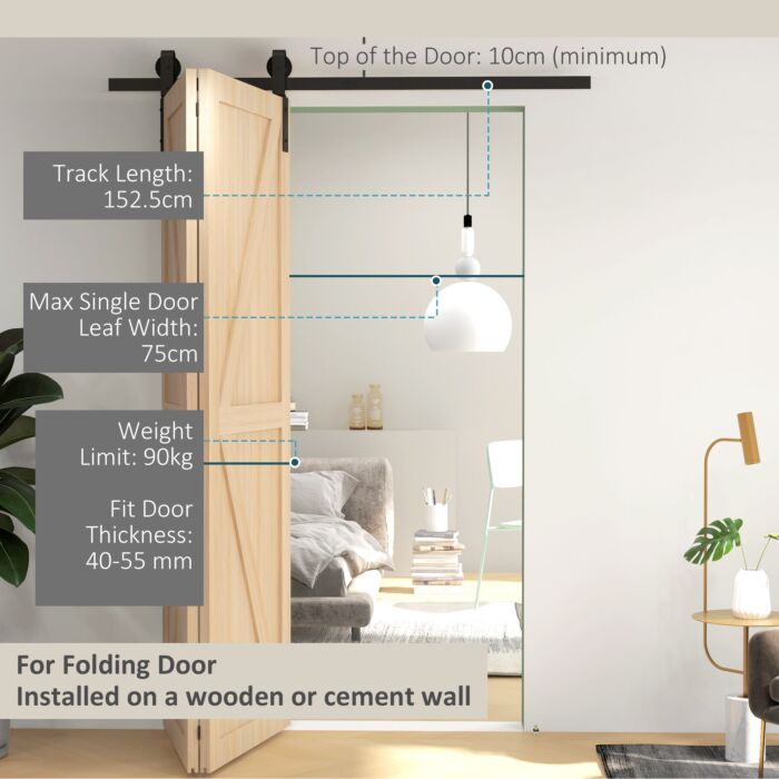 Homcom 5ft/152.5cm Bi-folding Sliding Barn Door Hardware Track Kit, Heavy Duty Sliding Door Kit For 2 Doors With J Shape Hanger