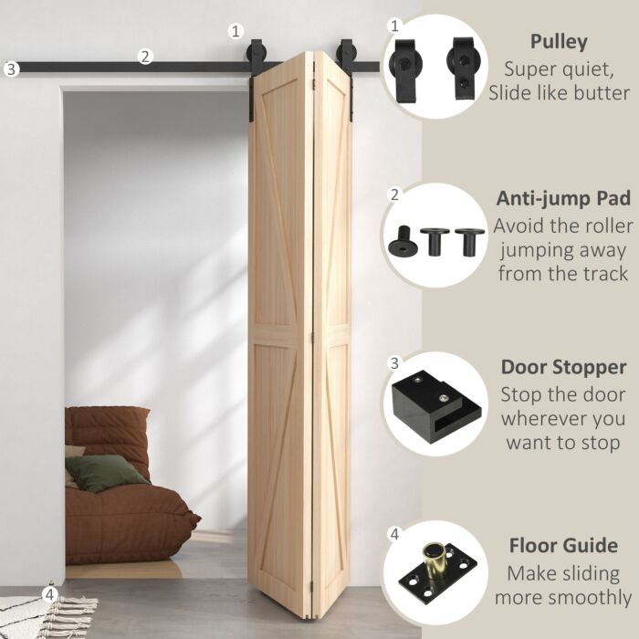 Homcom 5ft/152.5cm Bi-folding Sliding Barn Door Hardware Track Kit, Heavy Duty Sliding Door Kit For 2 Doors With J Shape Hanger