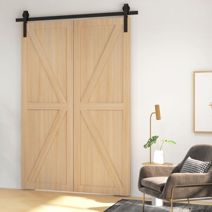 Homcom 5ft/152.5cm Bi-folding Sliding Barn Door Hardware Track Kit, Heavy Duty Sliding Door Kit For 2 Doors With J Shape Hanger