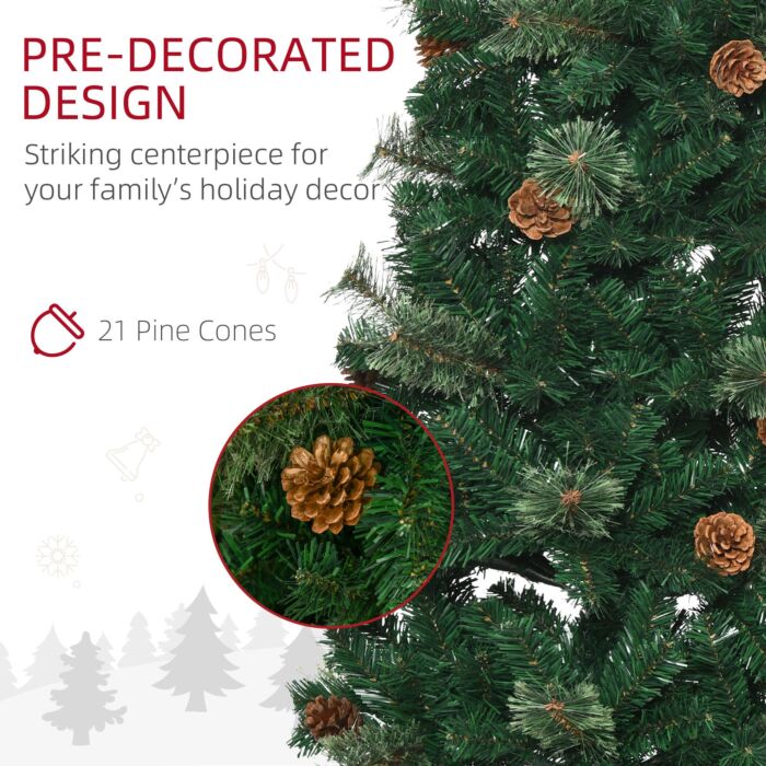 Homcom 5.5' Tall Pencil Slim Artificial Christmas Tree With Realistic Branches, 412 Tip Count And 21 Pine Cones, Pine Needles Tree, Xmas Decoration