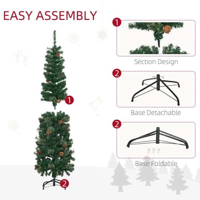 Homcom 5.5' Tall Pencil Slim Artificial Christmas Tree With Realistic Branches, 412 Tip Count And 21 Pine Cones, Pine Needles Tree, Xmas Decoration