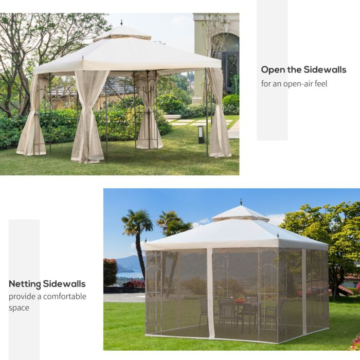Outsunny 300x300cm Garden Gazebo Double Top Outdoor Canopy Patio Event Party Tent Backyard Sun Shade With Mesh Curtain Beige