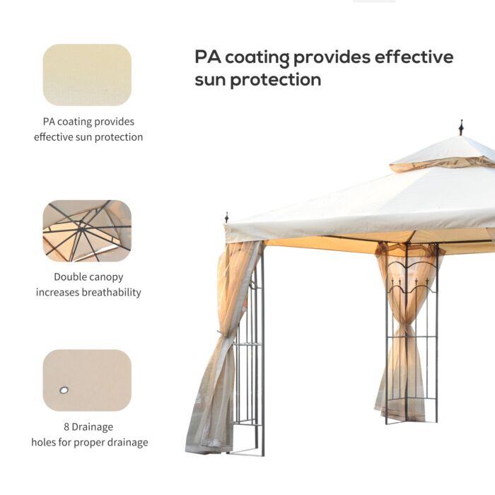 Outsunny 300x300cm Garden Gazebo Double Top Outdoor Canopy Patio Event Party Tent Backyard Sun Shade With Mesh Curtain Beige