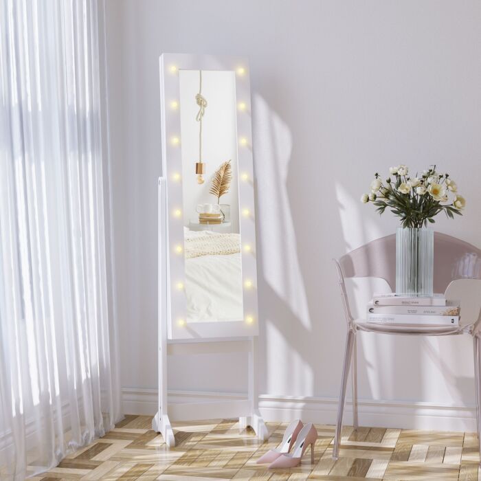 Homcom Full Body Mirrored Jewelry Cabinet W/ Led Light Jewelry Cabinet W/ 3 Angle Adjustable For Rings Earrings Bracelets Cosmetics Warm White