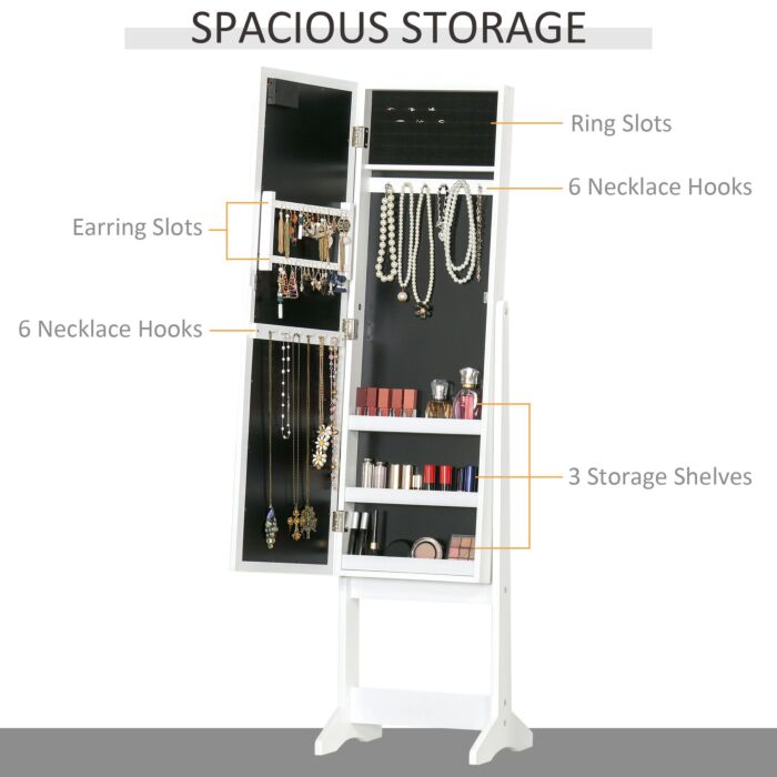 Homcom Full Body Mirrored Jewelry Cabinet W/ Led Light Jewelry Cabinet W/ 3 Angle Adjustable For Rings Earrings Bracelets Cosmetics Warm White