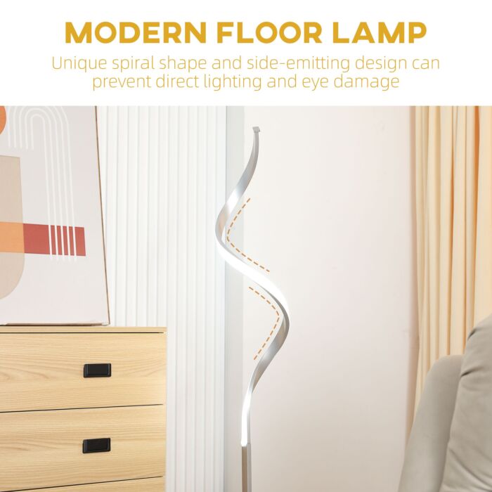 Homcom Dimmable Floor Lamp, Modern Spiral Standing Lamp With 3 Adjustable Brightness And Square Base, Silver