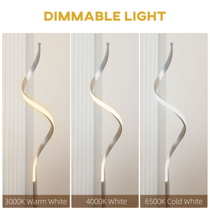 Homcom Dimmable Floor Lamp, Modern Spiral Standing Lamp With 3 Adjustable Brightness And Square Base, Silver
