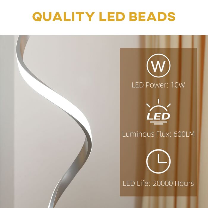 Homcom Dimmable Floor Lamp, Modern Spiral Standing Lamp With 3 Adjustable Brightness And Square Base, Silver