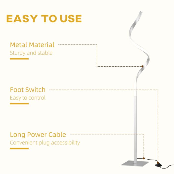 Homcom Dimmable Floor Lamp, Modern Spiral Standing Lamp With 3 Adjustable Brightness And Square Base, Silver
