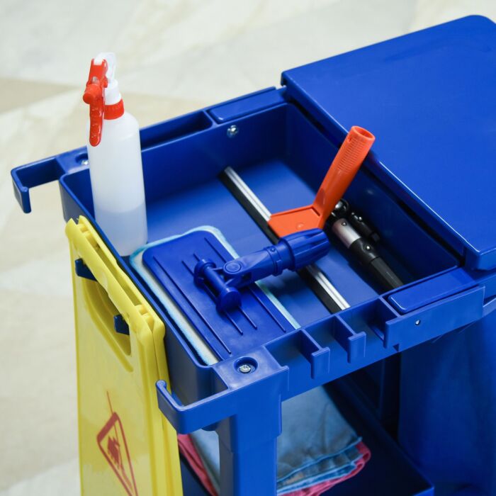 Homcom Cleaning Carts On Wheels, Janitorial Trolley With 3 Tier Shelves, Housekeeping Utility Service Unit With Rubbish Bag And Mop Mount For Hotel, Blue
