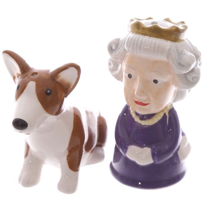 Novelty Collectable Queen And Corgi Ceramic Salt And Pepper Set