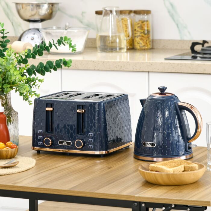 Homcom Kettle And Toaster Set, 1.7l 3000w Fast Boil Jug Kettle With Auto Shut Off, 4 Slice Toaster With 7 Level Browning Controls & Crumb Tray, Blue