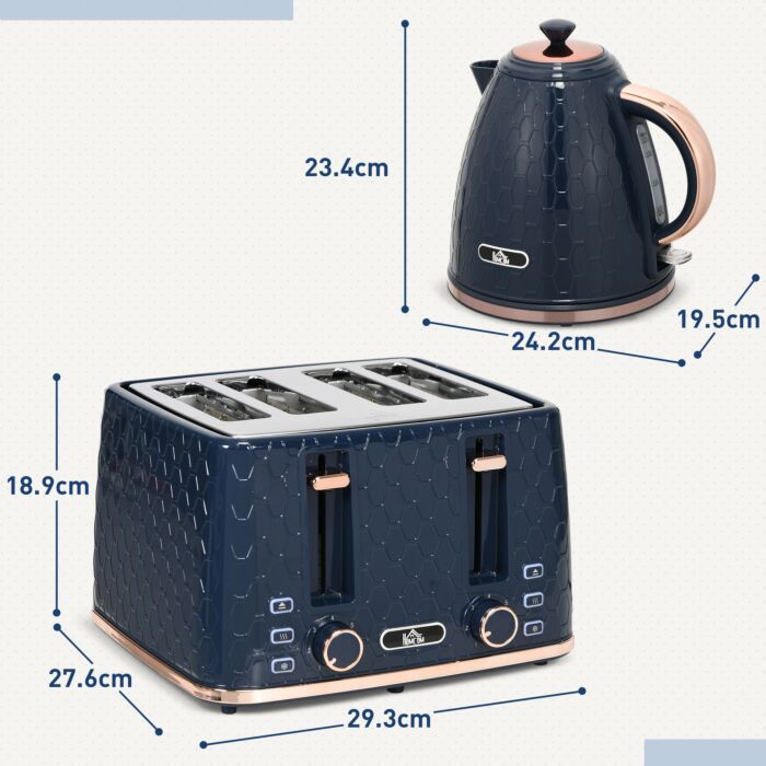 Homcom Kettle And Toaster Set, 1.7l 3000w Fast Boil Jug Kettle With Auto Shut Off, 4 Slice Toaster With 7 Level Browning Controls & Crumb Tray, Blue