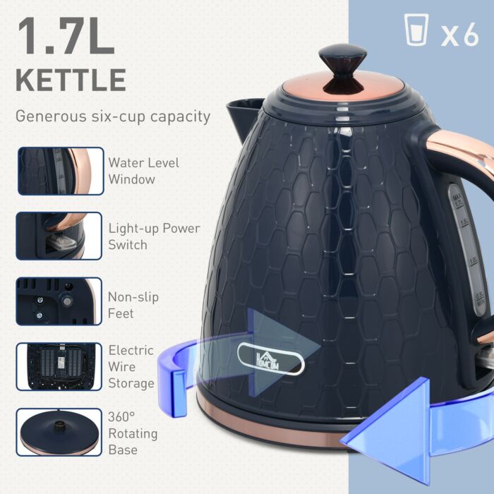 Homcom Kettle And Toaster Set, 1.7l 3000w Fast Boil Jug Kettle With Auto Shut Off, 4 Slice Toaster With 7 Level Browning Controls & Crumb Tray, Blue