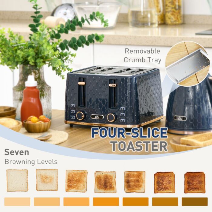 Homcom Kettle And Toaster Set, 1.7l 3000w Fast Boil Jug Kettle With Auto Shut Off, 4 Slice Toaster With 7 Level Browning Controls & Crumb Tray, Blue