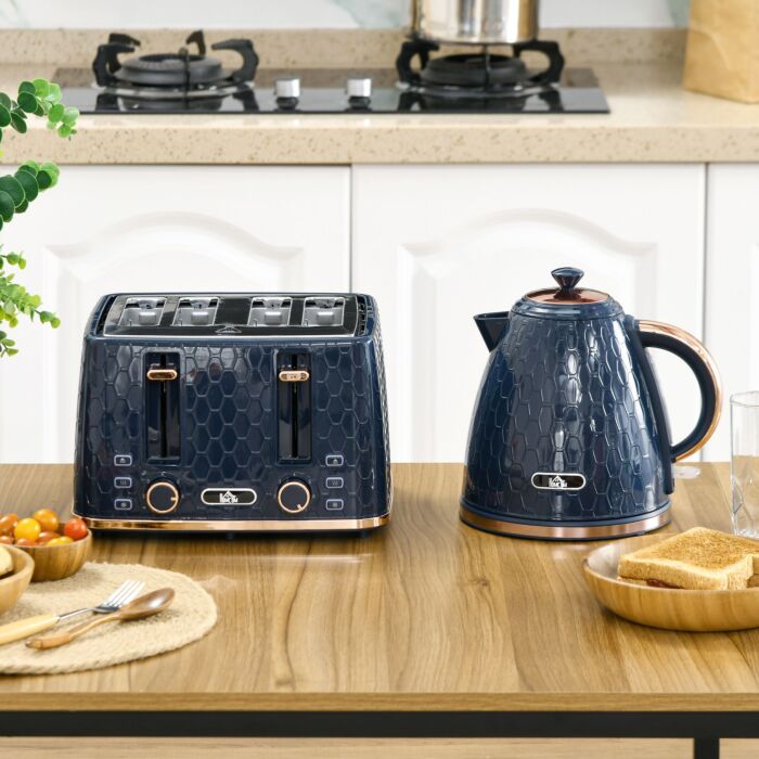Homcom Kettle And Toaster Set, 1.7l 3000w Fast Boil Jug Kettle With Auto Shut Off, 4 Slice Toaster With 7 Level Browning Controls & Crumb Tray, Blue