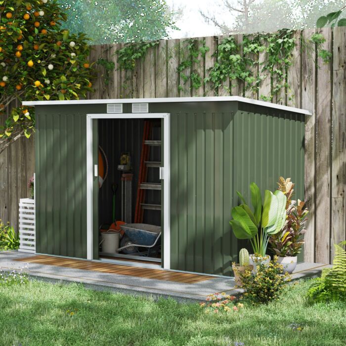 Outsunny 9 X 4 Ft Pent Roof Metal Garden Storage Shed Corrugated Steel Tool Box With Foundation Ventilation & Doors, Light Green