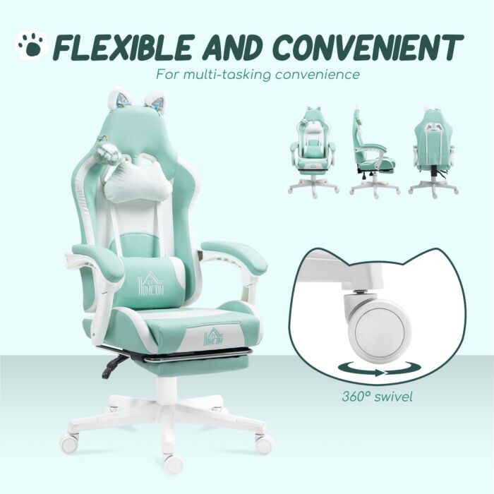 Homcom Cat Ear And Paw Reclining Office Chair, With Footrest - Light Blue/white