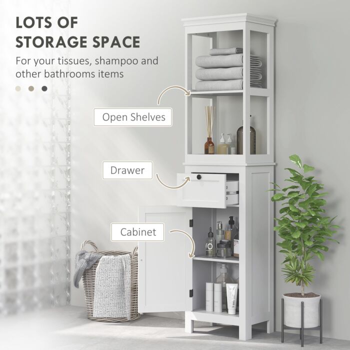 Homcom Tall Bathroom Cabinet, Slim Bathroom Storage Cabinet With 2 Open Shelves, Soft Close Door And Drawer, Adjustable Shelf, Narrow Cupboard Storage Unit, White