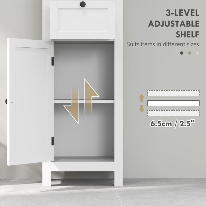 Homcom Tall Bathroom Cabinet, Slim Bathroom Storage Cabinet With 2 Open Shelves, Soft Close Door And Drawer, Adjustable Shelf, Narrow Cupboard Storage Unit, White