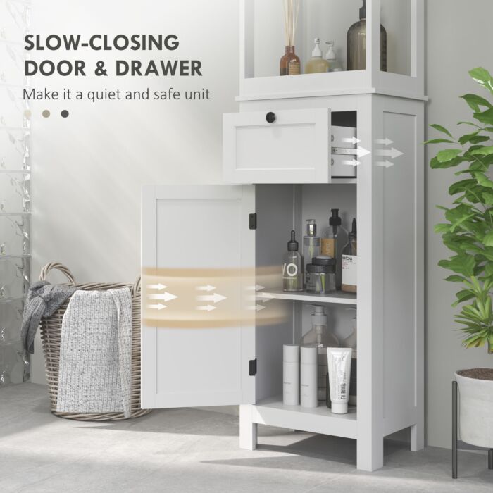 Homcom Tall Bathroom Cabinet, Slim Bathroom Storage Cabinet With 2 Open Shelves, Soft Close Door And Drawer, Adjustable Shelf, Narrow Cupboard Storage Unit, White