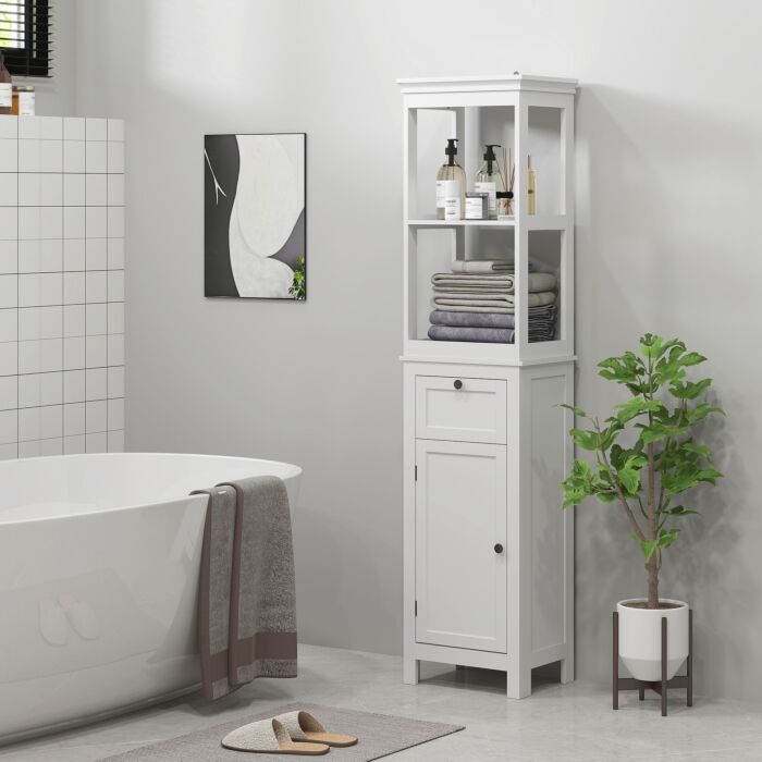 Homcom Tall Bathroom Cabinet, Slim Bathroom Storage Cabinet With 2 Open Shelves, Soft Close Door And Drawer, Adjustable Shelf, Narrow Cupboard Storage Unit, White