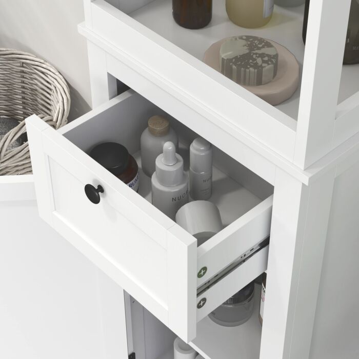 Homcom Tall Bathroom Cabinet, Slim Bathroom Storage Cabinet With 2 Open Shelves, Soft Close Door And Drawer, Adjustable Shelf, Narrow Cupboard Storage Unit, White