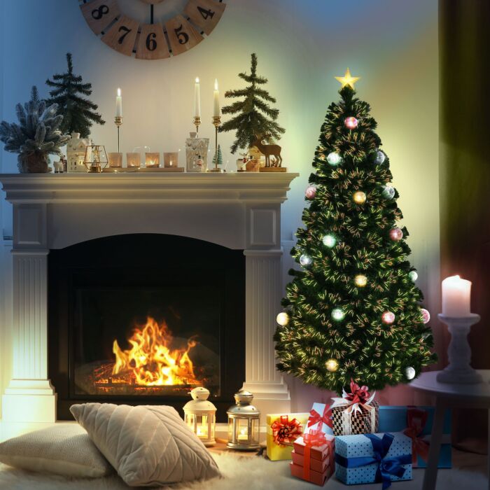 Homcom 5ft Pre Lit Christmas Tree Artificial Tree Fiber Optic Holiday Home Xmas Indoor Decoration With Golden Stand Green