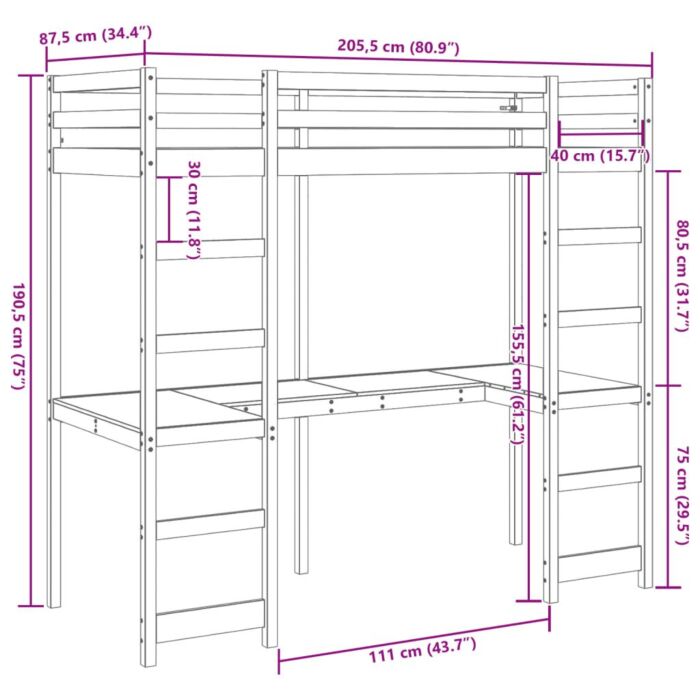 Vidaxl Loft Bed Frame With Desk Wax Brown 80x200 Cm Solid Wood Pine