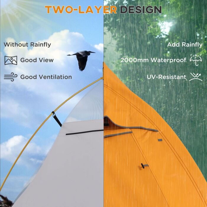 Outsunny Double Layer Camping Tent, 1-2 Man Backpacking Tent With Carry Bag, 2000mm Waterproof And Lightweight, Orange