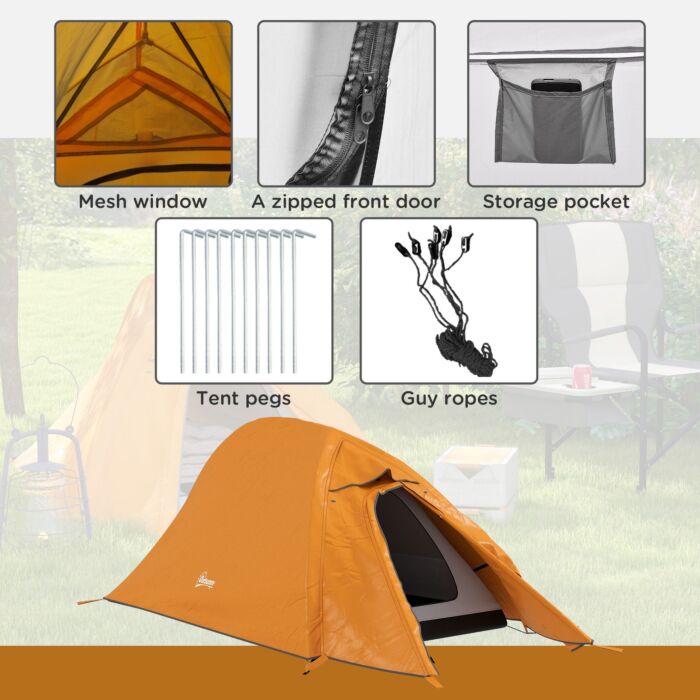 Outsunny Double Layer Camping Tent, 1-2 Man Backpacking Tent With Carry Bag, 2000mm Waterproof And Lightweight, Orange