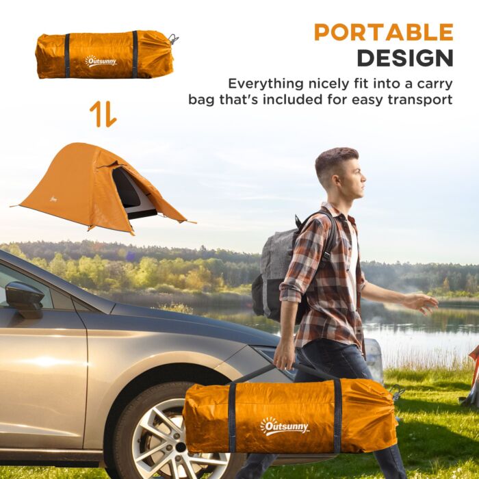 Outsunny Double Layer Camping Tent, 1-2 Man Backpacking Tent With Carry Bag, 2000mm Waterproof And Lightweight, Orange