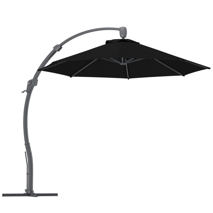 Outsunny 3(m) Garden Cantilever Parasol, Round Overhanging Umbrella With Crank Handle, Cross Base, Aluminium Frame And 360° Rotation, Banana Patio Umbrella For Outdoor Sun Shade, Black