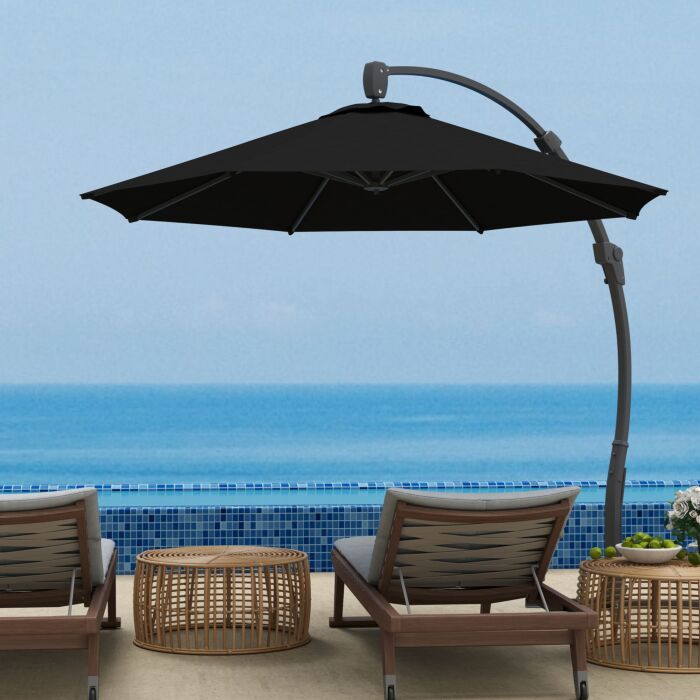 Outsunny 3(m) Garden Cantilever Parasol, Round Overhanging Umbrella With Crank Handle, Cross Base, Aluminium Frame And 360° Rotation, Banana Patio Umbrella For Outdoor Sun Shade, Black