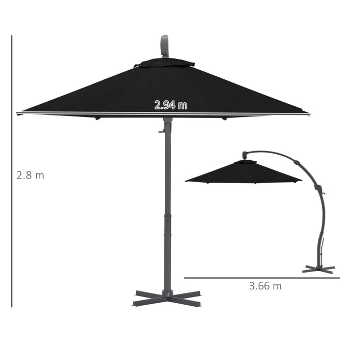 Outsunny 3(m) Garden Cantilever Parasol, Round Overhanging Umbrella With Crank Handle, Cross Base, Aluminium Frame And 360° Rotation, Banana Patio Umbrella For Outdoor Sun Shade, Black