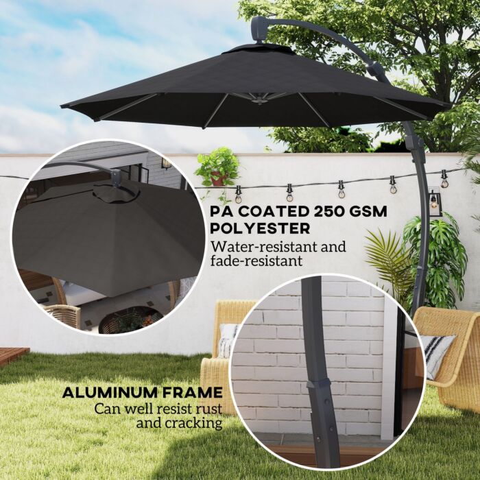 Outsunny 3(m) Garden Cantilever Parasol, Round Overhanging Umbrella With Crank Handle, Cross Base, Aluminium Frame And 360° Rotation, Banana Patio Umbrella For Outdoor Sun Shade, Black