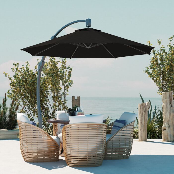 Outsunny 3(m) Garden Cantilever Parasol, Round Overhanging Umbrella With Crank Handle, Cross Base, Aluminium Frame And 360° Rotation, Banana Patio Umbrella For Outdoor Sun Shade, Black