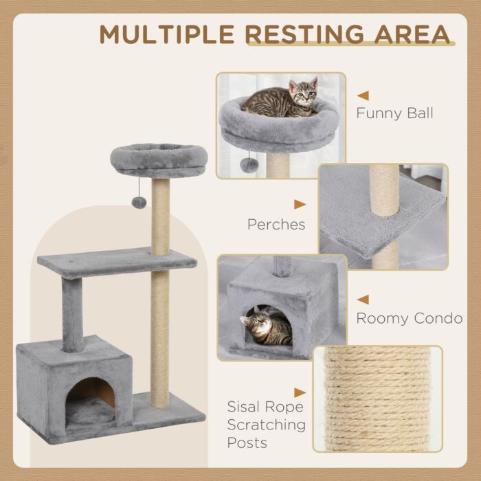 Pawhut Cats Sisal Rope 3-tier Scratching Tree Grey