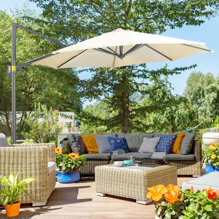 Outsunny 3 X 3(m) Cantilever Parasol With Cross Base, Garden Umbrella With 360° Rotation, Crank Handle And Tilt, Cream White