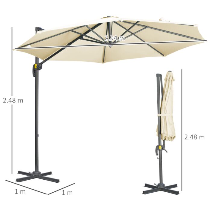 Outsunny 3 X 3(m) Cantilever Parasol With Cross Base, Garden Umbrella With 360° Rotation, Crank Handle And Tilt, Cream White