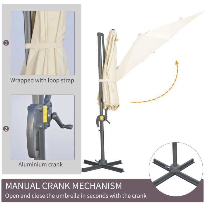 Outsunny 3 X 3(m) Cantilever Parasol With Cross Base, Garden Umbrella With 360° Rotation, Crank Handle And Tilt, Cream White