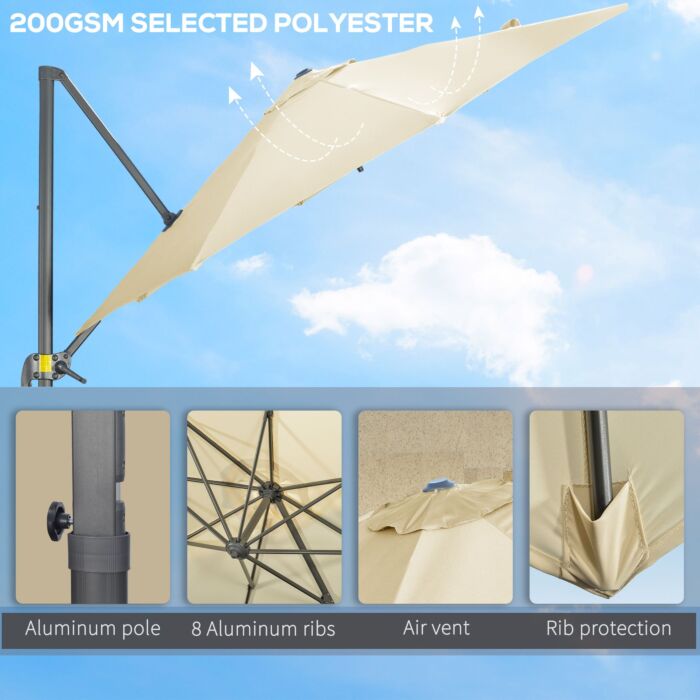 Outsunny 3 X 3(m) Cantilever Parasol With Cross Base, Garden Umbrella With 360° Rotation, Crank Handle And Tilt, Cream White