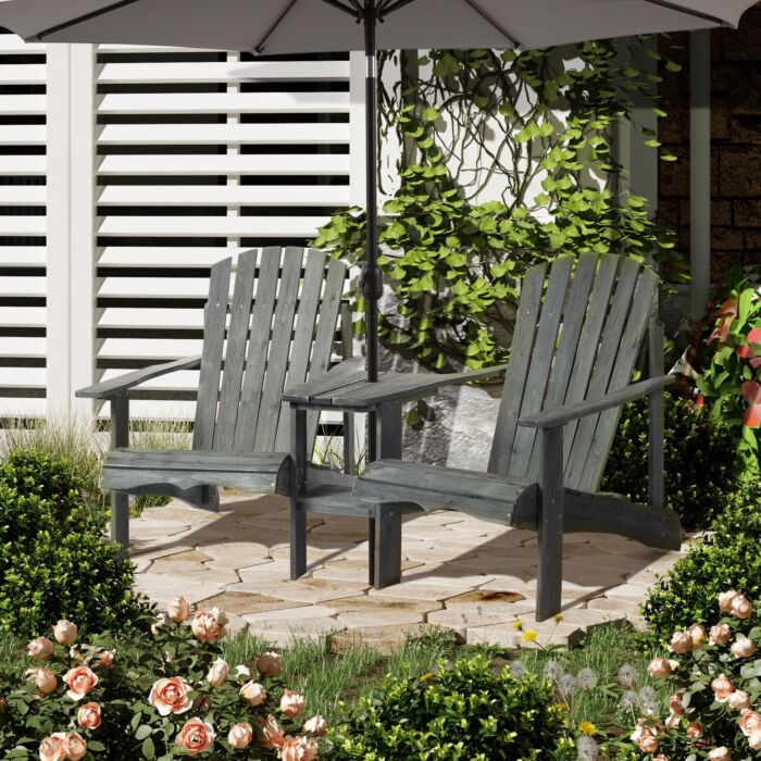Outsunny Wooden Outdoor Double Adirondack Chairs Loveseat W/ Center Table And Umbrella Hole Grey