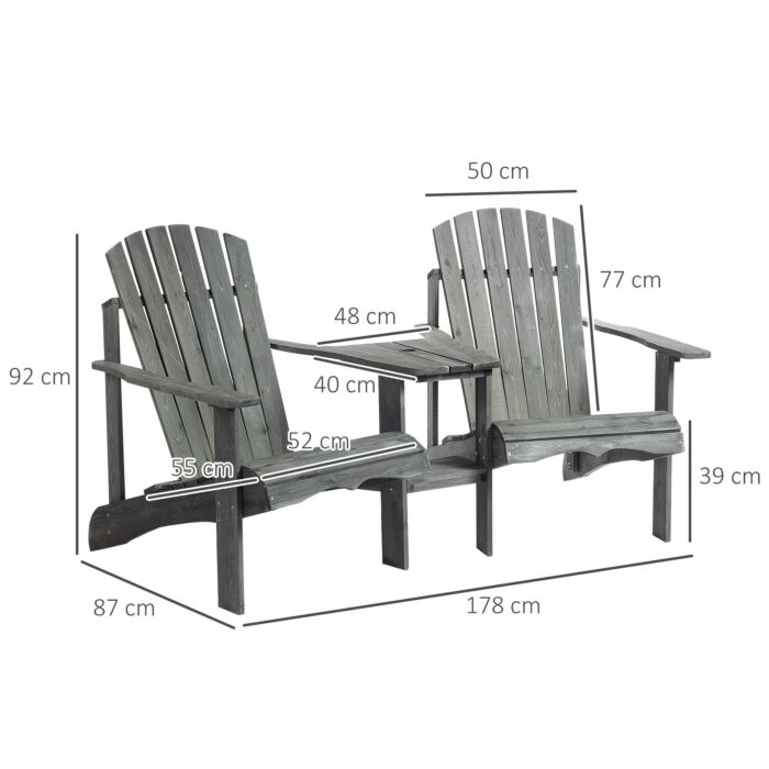 Outsunny Wooden Outdoor Double Adirondack Chairs Loveseat W/ Center Table And Umbrella Hole Grey