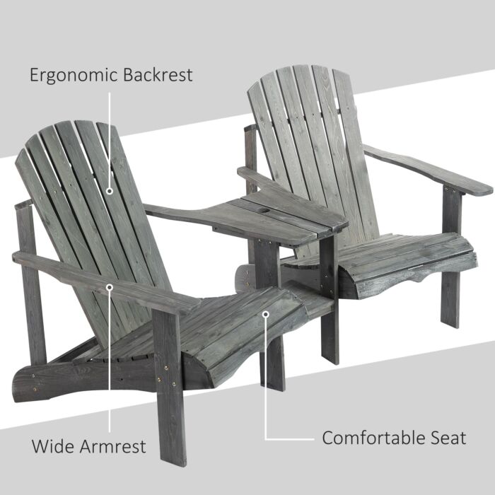 Outsunny Wooden Outdoor Double Adirondack Chairs Loveseat W/ Center Table And Umbrella Hole Grey