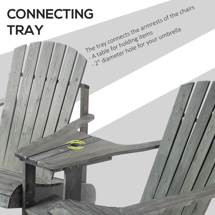 Outsunny Wooden Outdoor Double Adirondack Chairs Loveseat W/ Center Table And Umbrella Hole Grey